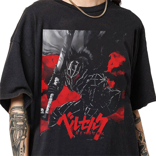 a man wearing a black shirt with a picture of a samurai on it