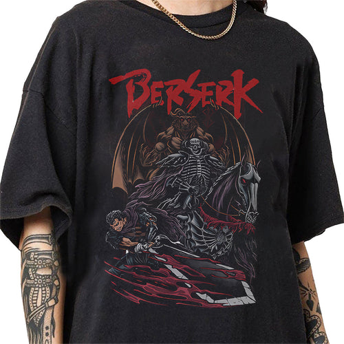 a man wearing a black shirt with a skeleton riding a horse