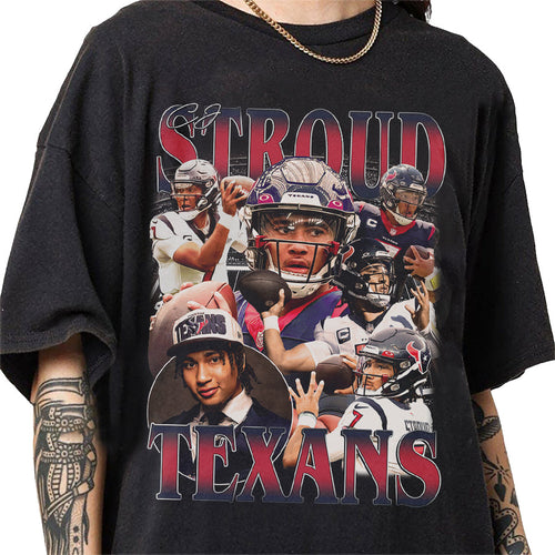 a woman wearing a black shirt with a picture of a football player