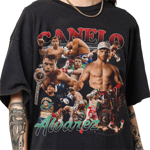 a man wearing a black shirt with a bunch of pictures on it