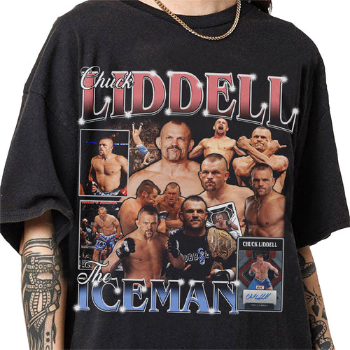 a man wearing a black t - shirt with pictures of wrestlers on it